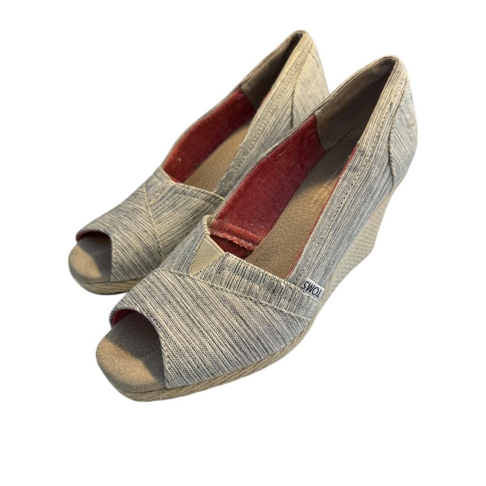 TOMS Women's Peep Toe‎ Wedge Espadrille Shoes Size 8 W Linen Stripe Comfort